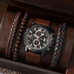 4pcs/set men’s new watch set, cool fake three-eye quartz watch + versatile beaded braided bracelet