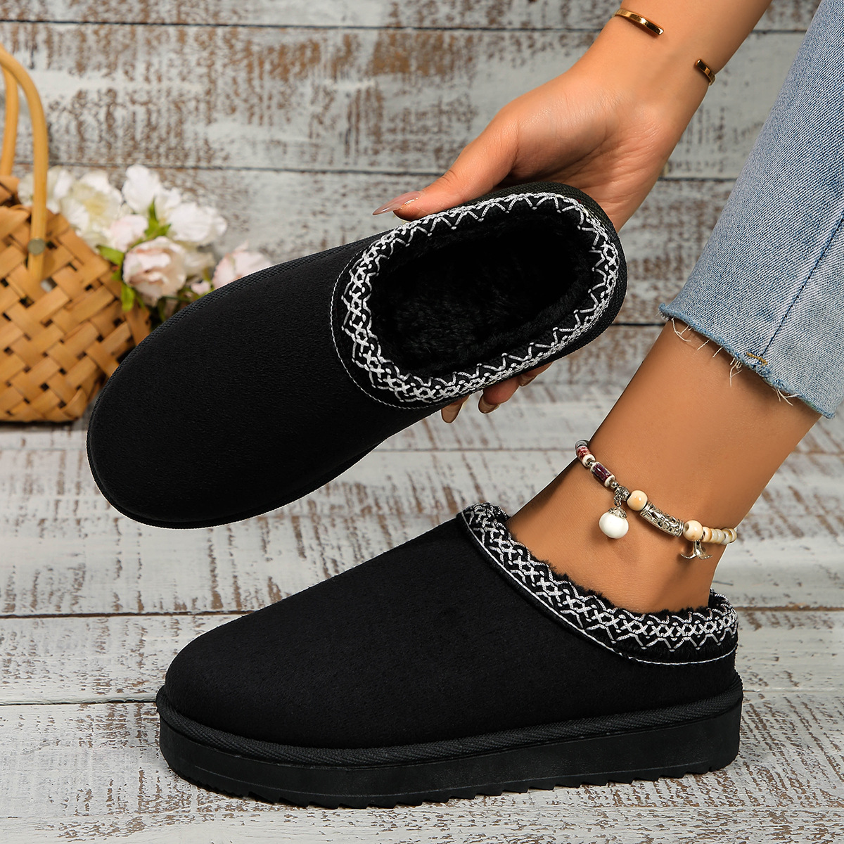 Lace ethnic fashion snow boots women's shoes semi-drag cotton shoes autumn and winter indoor outdoor_viptrois.com