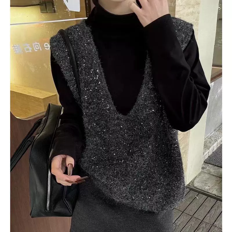 韩版新款时尚百搭宽松针织上衣小众设计感亮片V领针织马甲背心女