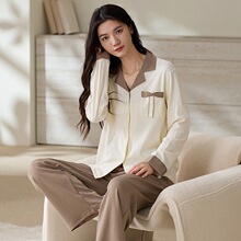 纯棉拉架#秋天季新款双面纯翻领开胸印花双长睡衣女家居服套装冬