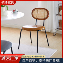 现代家用靠背藤编餐椅 简约实木网红ins化妆椅子 卧室原木书桌凳