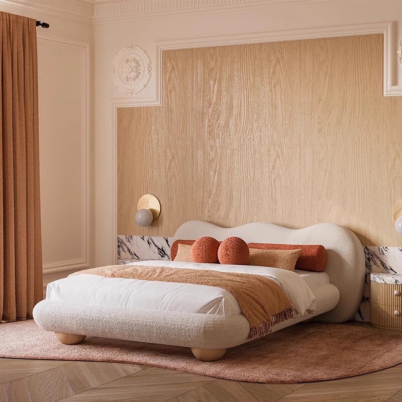 French-Style Cream-Colored Lamb's Wool Fabric Bed, Master Bedroom, Simple Modern Internet-Famous Floor-Standing Double Bed, Ripple Bed, Children's Bed French-Style Cream-Colored Lamb's Wool Fabric Bed, Master Bedroom, Simple Modern Internet-Famous Floor-Standing Double Bed, Ripple Bed, Children's Bed