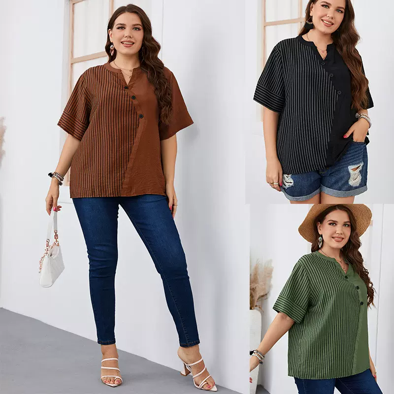 欧美外贸大码女装跨境独立站亚马逊条纹短袖T恤胖mm女装爆款上衣
