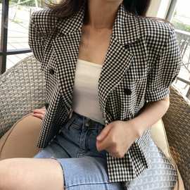 2026夏季韩国chic韩系格子翻领短款复古双排扣西服外套薄款开衫女