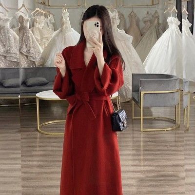 欧美跨境亚马逊红色呢子大衣女秋冬季新款小个子羊毛呢子毛呢外套|undefined