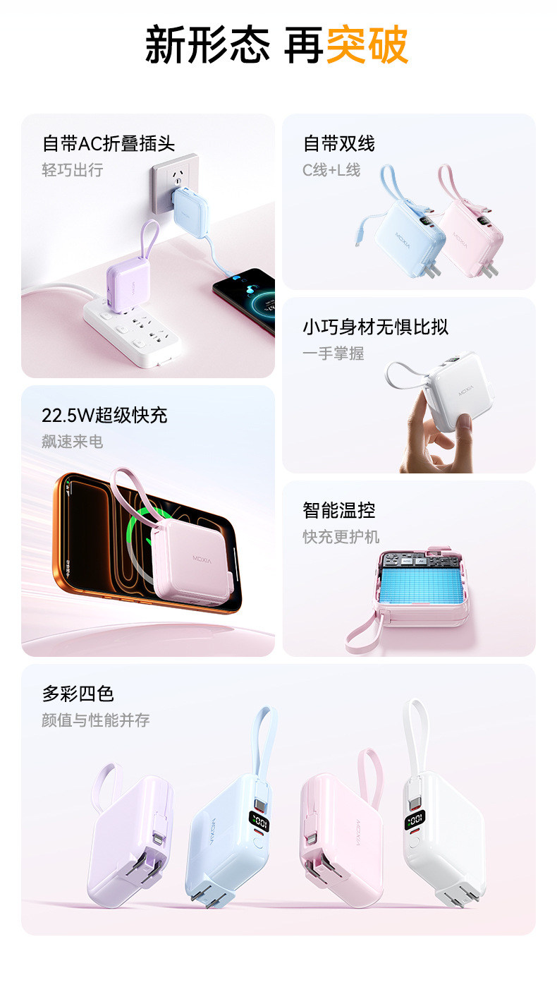 Mini 3-in-1 Built-in Cable Super Fast Charging Power Bank 20000mAh Lightweight Portable Mobile Power Supply