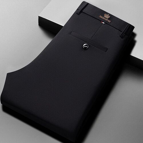Elegant and high-end men's pants, summer thin-style middle-aged casual trousers, elastic loose straight-leg pants with crown embroidery for men