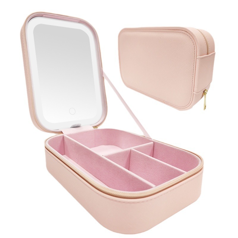 Bolsa de almacenamiento de cosméticos de espejo de una cara LED de alta calidad caja de almacenamiento a prueba de polvo de espejo de maquillaje portátil con luz