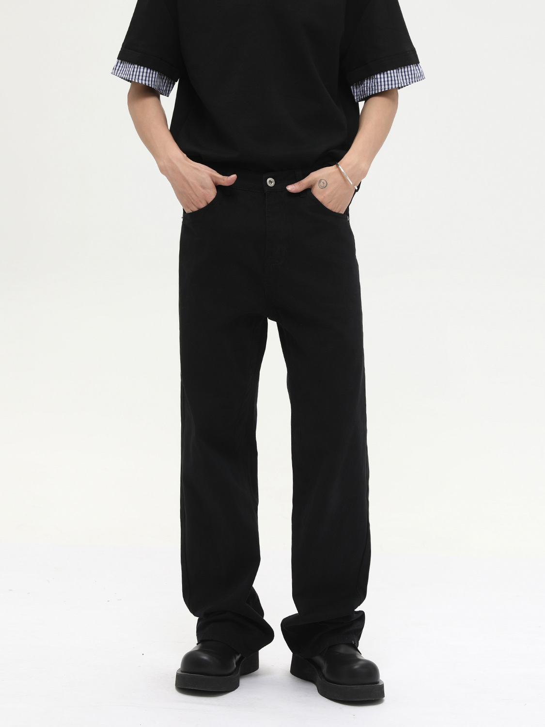 MTLCLOTHES para hombre | Vaqueros lavados sueltos de algodón puro de estilo básico simple de color puro coreano