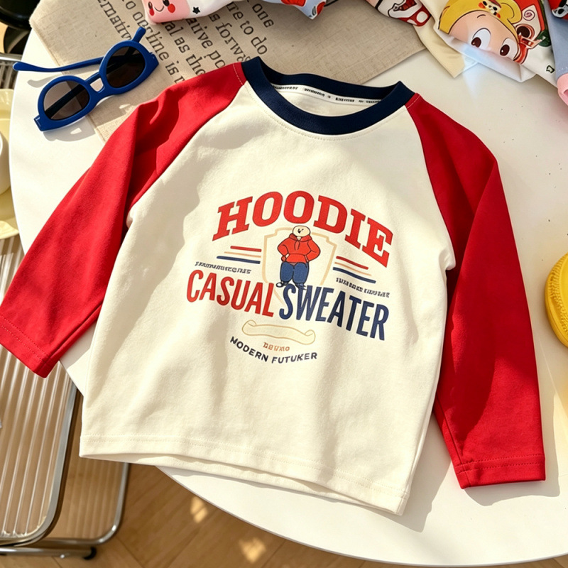 Color-blocked cartoon futurist letter print children's long-sleeved T-shirt, spring and autumn Korean style versatile round neck pure cotton top