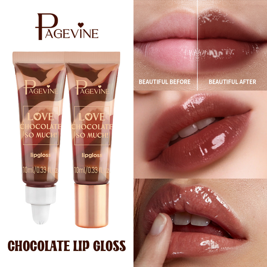 Brillo labial de chocolate PAGE VINE para comercio exterior, bálsamo labial hidratante con efecto agua, aceite voluminizador de labios, bálsamo labial hidratante transfronterizo.