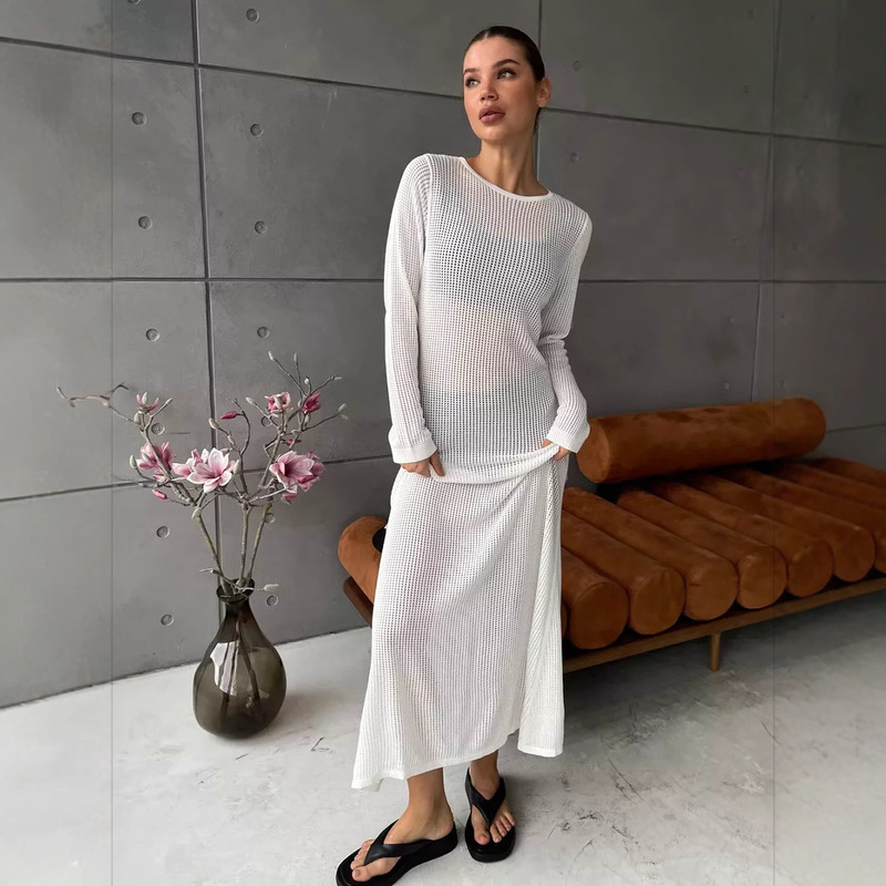 Amazon 2025 New Mesh Beach Holiday Sexy Long Dress Knitted Hollow Long dress Blouse