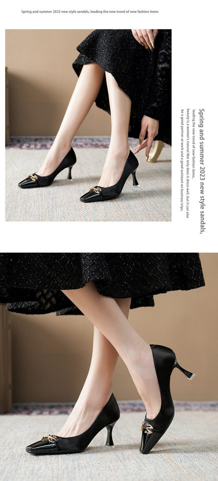 Giày cao gót nữ mũi vuông gót mảnh 6–8 cm phối satin thanh lịch — Màu be, màu đen chi tiết 9