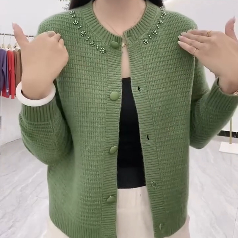 2025 New Autumn and Winter Fashion Knitted Cardigan Women's Round Neck Pearl Short Loose Sweater Jacket Thickeneded Top Trendy