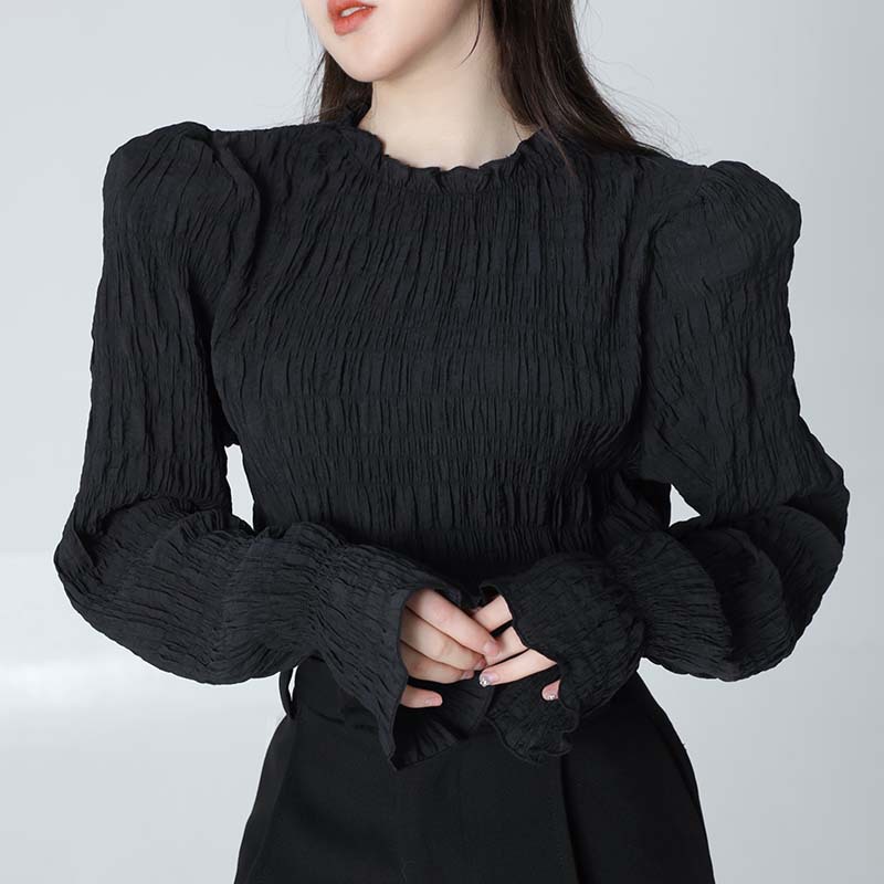 Spot Avenem Av/High-End Elegant Black Long-Sleeved Shirt Women's Design Niche Loose Slimming Look Top
