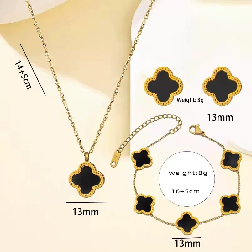 双面四叶草平面套装时尚轻奢感不掉色18K耳钉项链手链批发