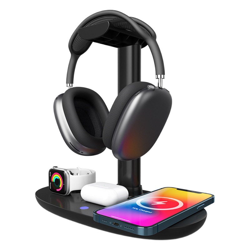 Soporte para auriculares, cargador inalámbrico rápido tres en uno para reloj y teléfono, magnético y plegable.