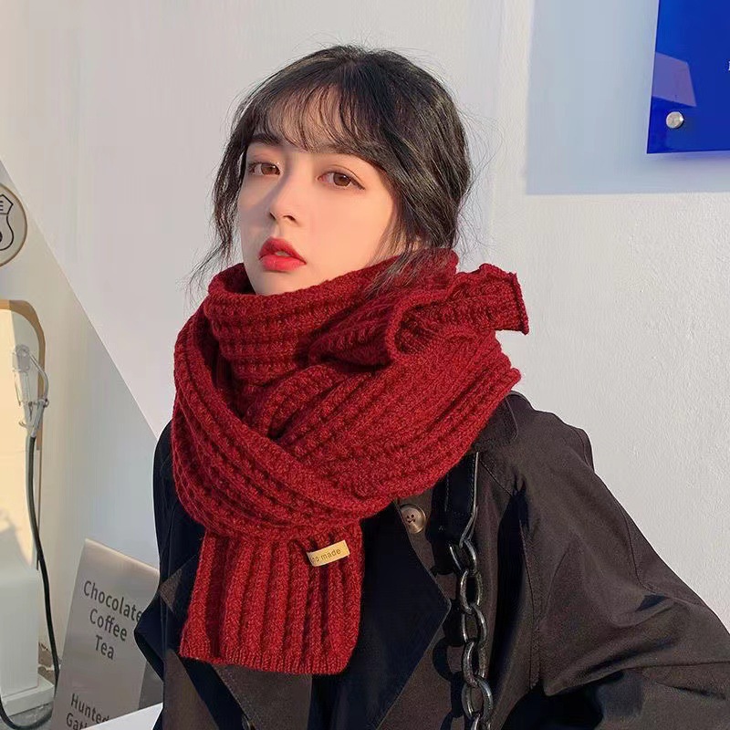 겨울 한국 신상 솔리드 컬러 가죽 라벨 스카프, 겹쳐서 착용하는 스카프, 따뜻한 인터넷 연예인, 다재다능한 가을 겨울 한국 액세서리 니트
