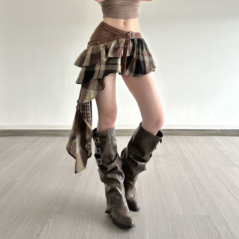 アメリカンレトロスタイルインストリートホットガールヒッピーディストピアスタイルパターンステッチ不規則な裾スカート女性用|undefined