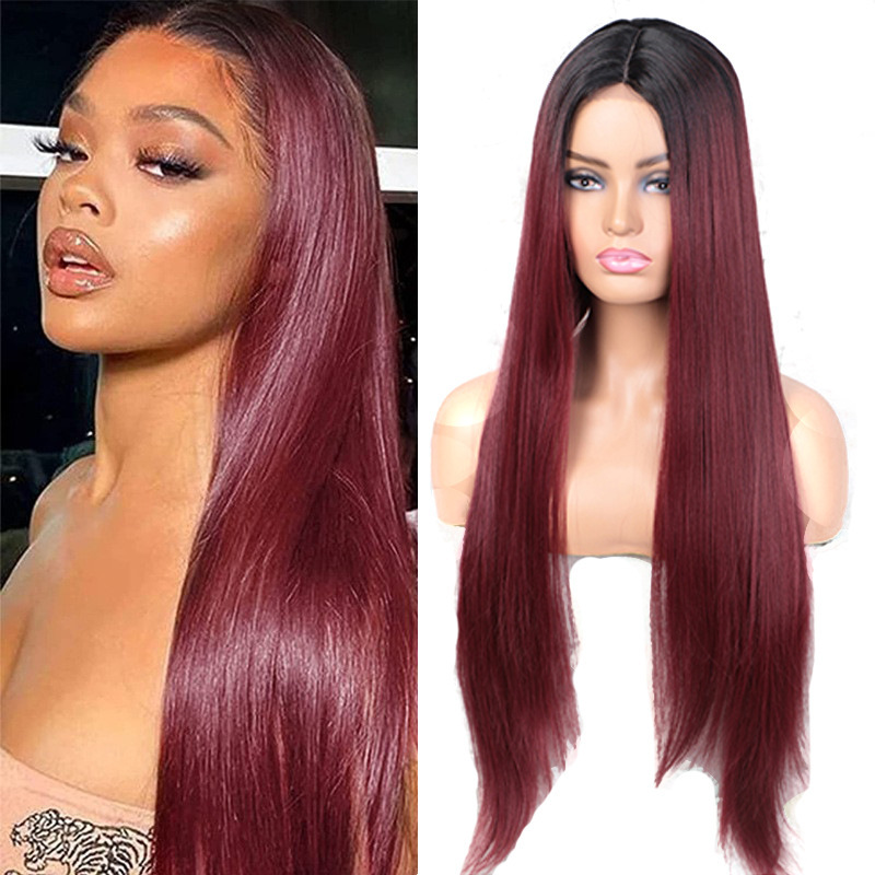 Cross-border European and American T-shaped Front Lace Wig Gradient wine red Wig Women's Long Straight Hair Chemical Fiber Headgear Lace Wigs