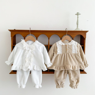 Korean ins Autumn and Winter Cute Lace Flannel Baby Girl Pajamas Baby Princess Home Clothes Two-piece Thick Set