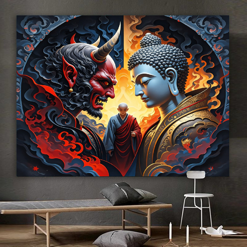 Buddha and Demon Art Tapestry Zen Decor Tattoo Shop Wall Art Tapestry Modern Decorative Painting Dormitory Decorative Wall Cloth Buddha and Demon Art Tapestry Zen Decor Tattoo Shop Wall Art Tapestry Modern Decorative Painting Dormitory Decorative Wall Cloth