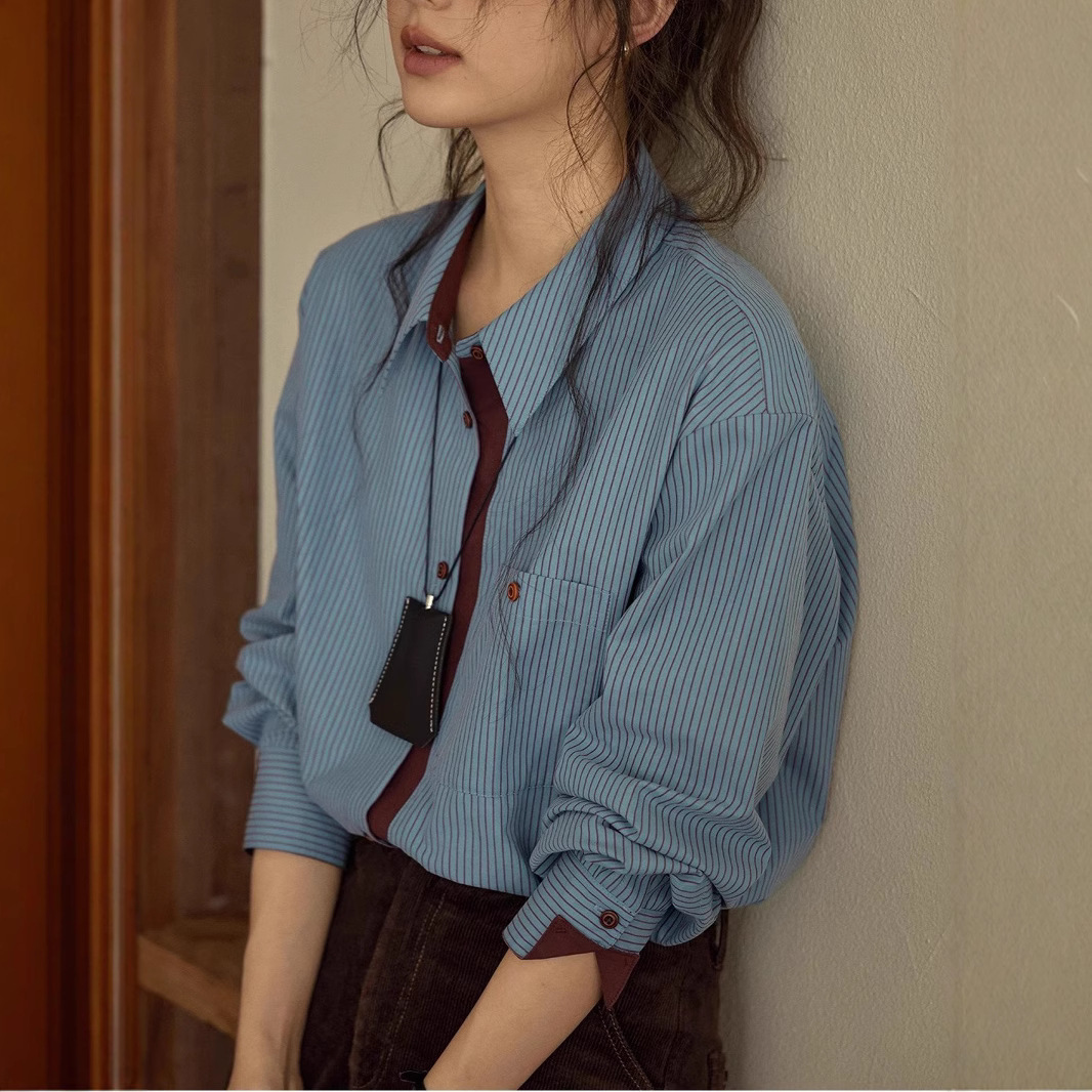 早春B入~法式复古撞色竖条纹衬衫女口袋设计感独特宽松长袖上衣
