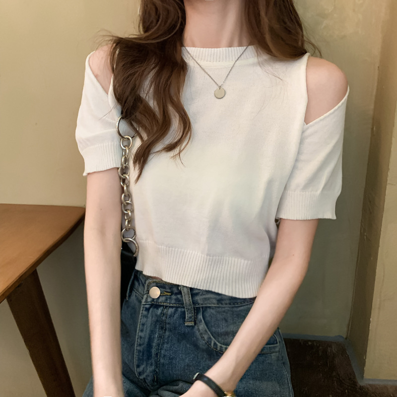 Summer Internet Celebrity Off-Shoulder Discreet Knitwear Top Short Loose Black Short-Sleeved T-Shirt Women Ins Trend