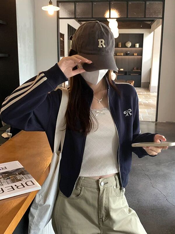 跨境美式条杠卫衣外套女2025秋季款休闲百搭夹克开衫棒球服小个子|undefined