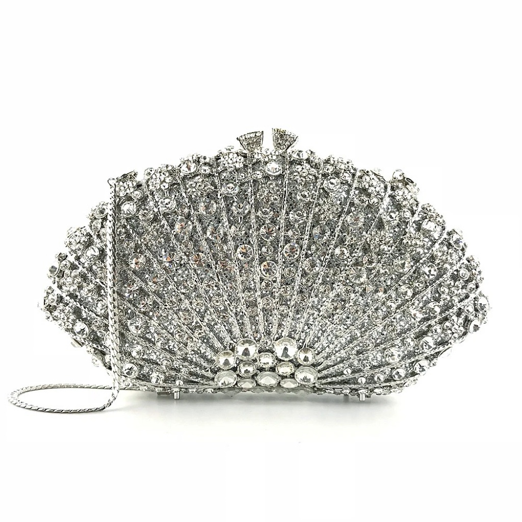 Túi clutch nữ đính đá hình quạt dạ tiệc cao cấp — Vàng Pha Lê, Tím đậm, Đỏ tím, Nền vàng kim cương trắng