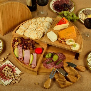 Bamboo Cheese Chopping Board Round Rotatable Separated Fruit Cake Dinner Plate Party Restaurant Steak Snack Tray