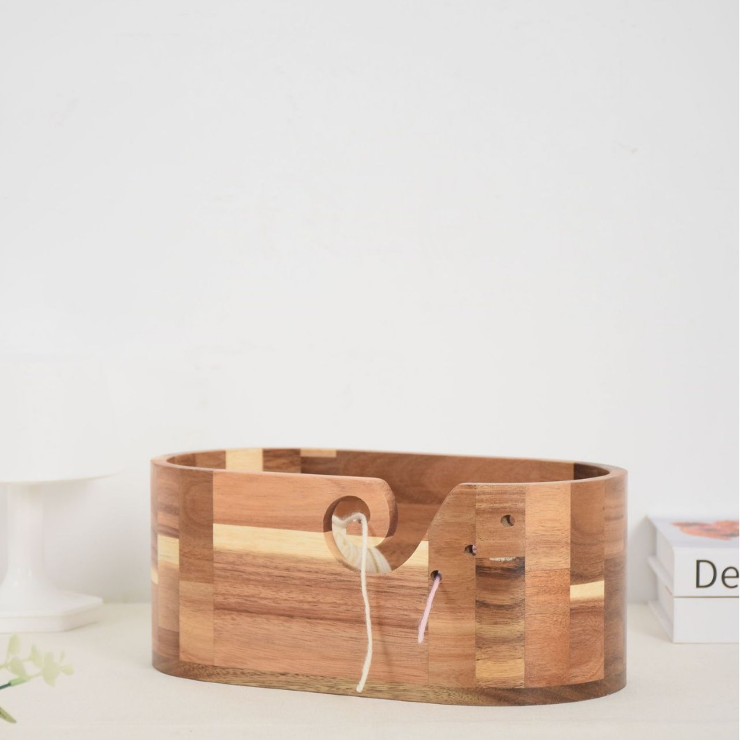 Color retro transfronterizo madera sólida elíptica lana cuenco de lana doméstica cuenco de almacenamiento de lana con agujeros herramientas de almacenamiento domésticas