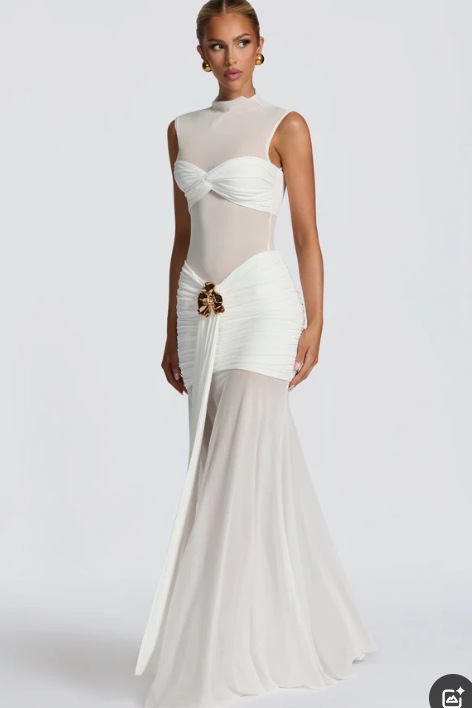 Elegant Bodycon Dress For Women Sexy Sheer Long Dress With Pleated Patchwork Slim Fit High Neck American Style_ecoleips.com