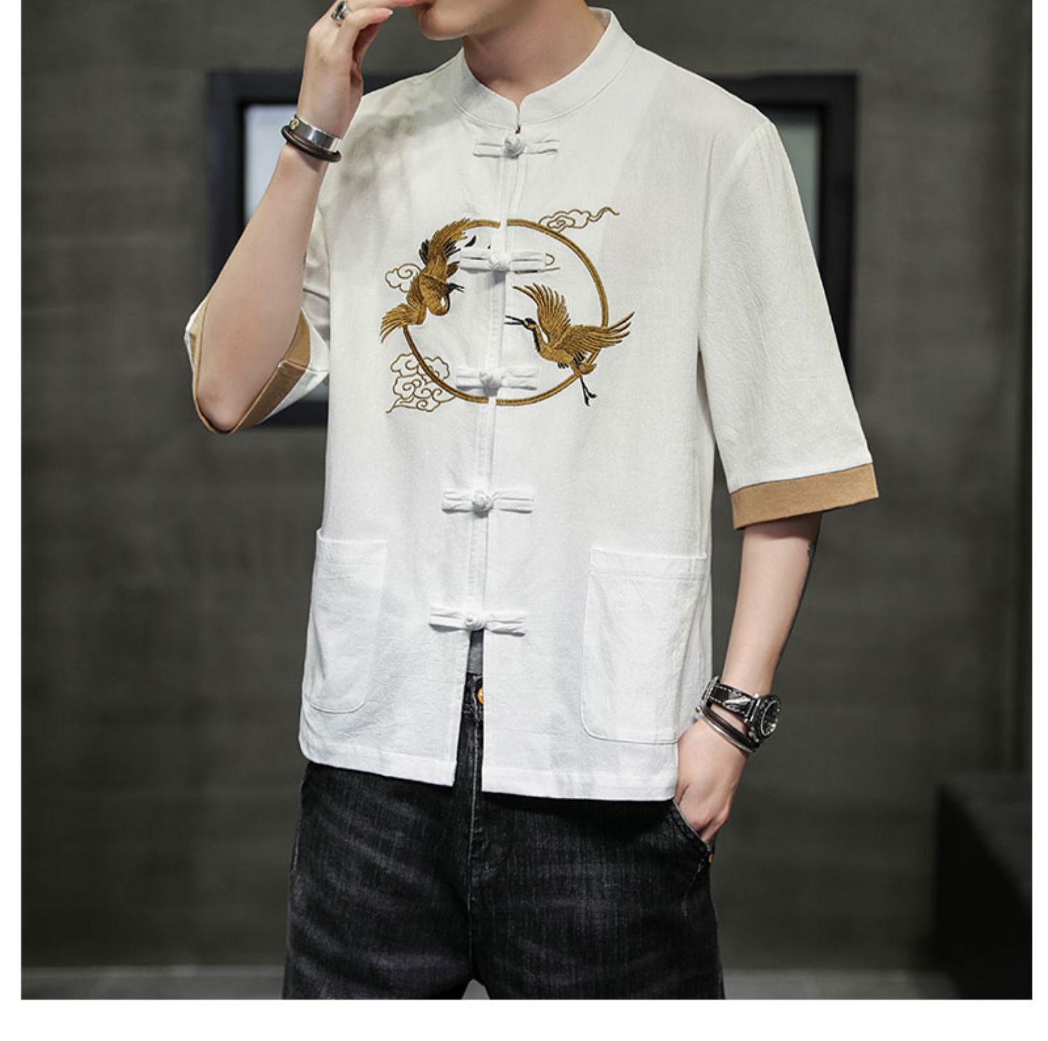2024 Summer Chinese cotton linen short sleeved men's Tang embroidery Han style loose China-Chic shirt men_autovado.com