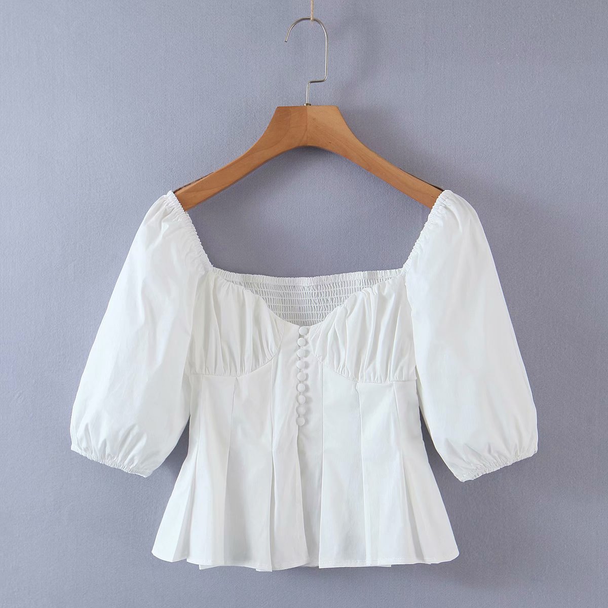 chest-wrapped pleated square neck puff sleeves ruffled short slim-fit shirt NSAM55357