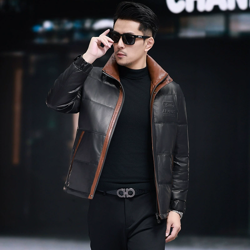 Winter leather short down jacket, genuine leather, cowhide, increased thickness