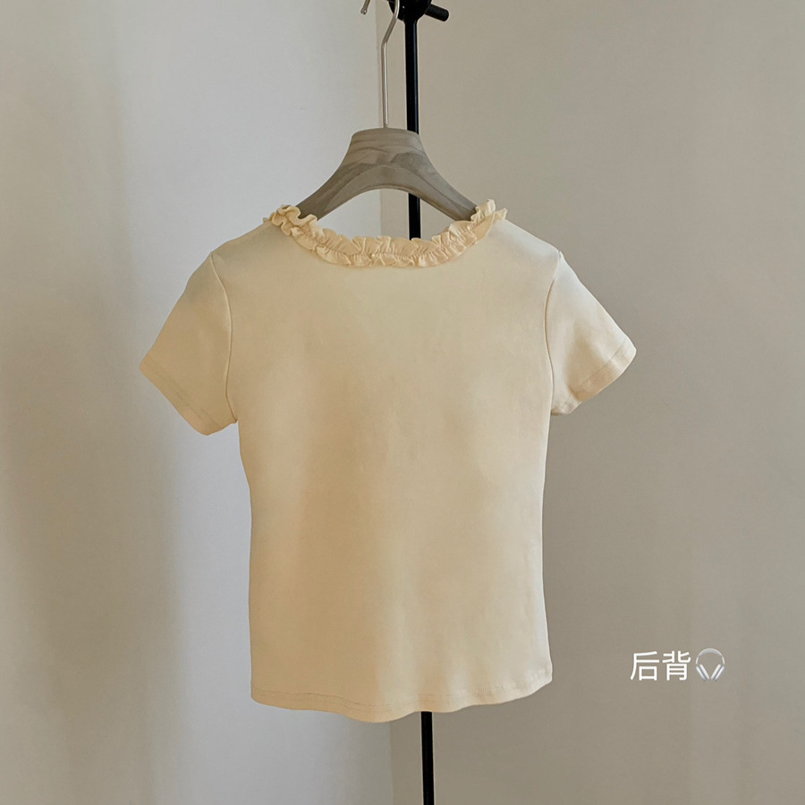 Liquidación, sin devoluciones ni cambios, diseño veraniego, estilo nicho, top adelgazante, capa interior ajustada, cuello en V, camiseta de manga corta con encaje W558 image 4