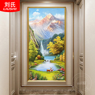 Alpine Flowing Water Cornucopia Deer Hand-Painted Oil Painting European-Style Entrance Decoration Painting Living Room Vertical Landscape Landscape Hanging Painting