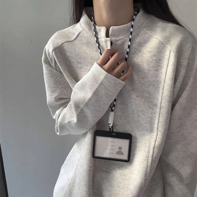 Deconstructed Splicing Gray Henley Collar Long-Sleeved T-Shirt for Women 2025 New Loose Boxy Version Right Shoulder Stand Collar Sweatshirt