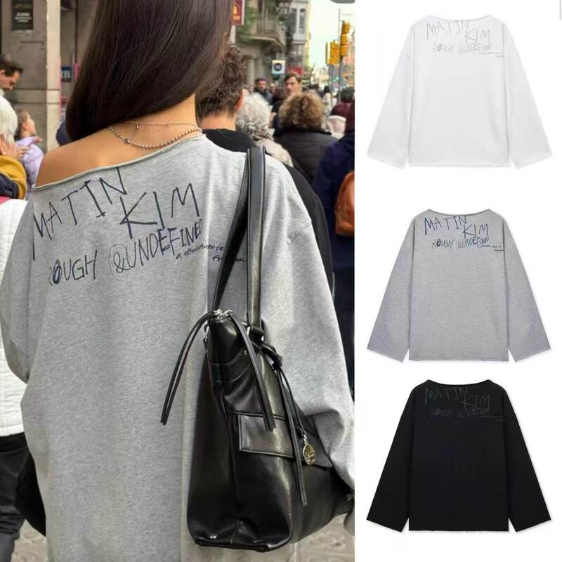 In-Stock Korean Trendy Brand Matin Kim Graffiti Print Casual Mk One-Shoulder Long-Sleeve T-Shirt for Women