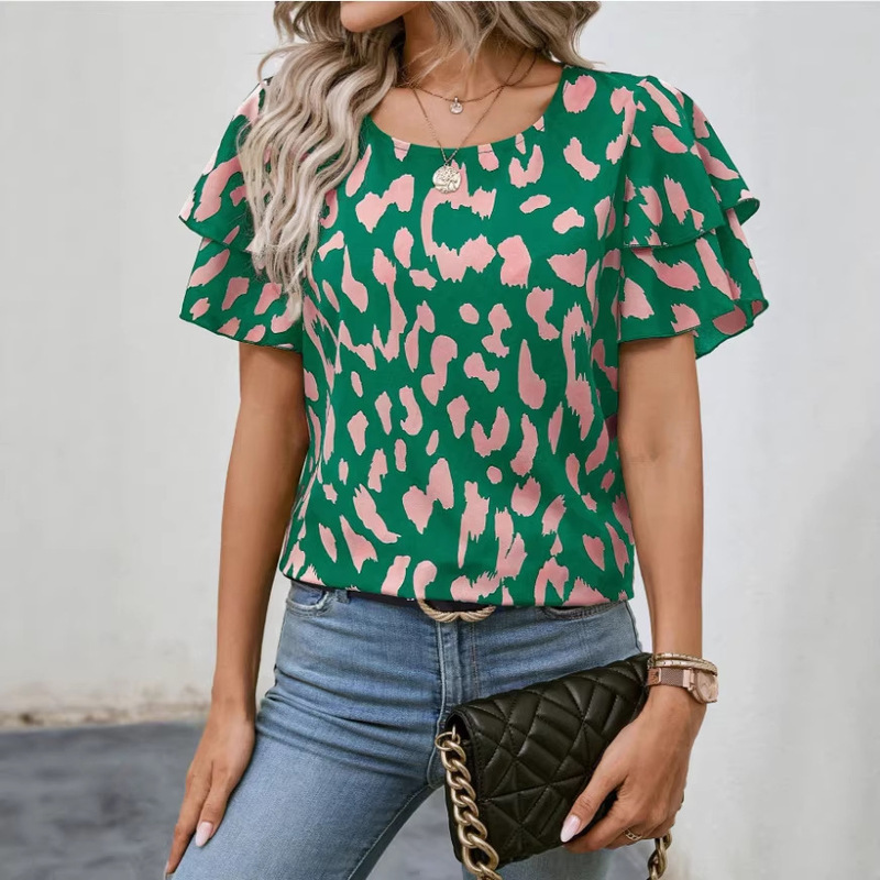2026 European and American Summer New Style European and American Princess Sleeve Round Neck Women's Polka Dot Printed Short-Sleeved Shirt 2026 European and American Summer New Style European and American Princess Sleeve Round Neck Women's Polka Dot Printed Short-Sleeved Shirt