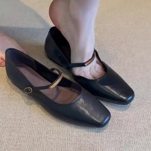 羊皮版~法式复古一字扣带玛丽珍鞋女新款方头平底单鞋低跟小皮鞋