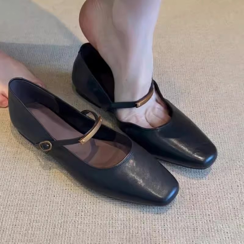 양가죽 버전 ~ 프랑스 복고풍 한 단어 버클 메리 제인 신발 여성의 새로운 스퀘어 헤드 플랫 신발 로우 힐 작은 가죽 신발