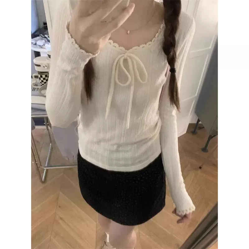 蝴蝶结白色针织衫女生超好看修身内搭打底衫上衣潮2025秋冬季新款