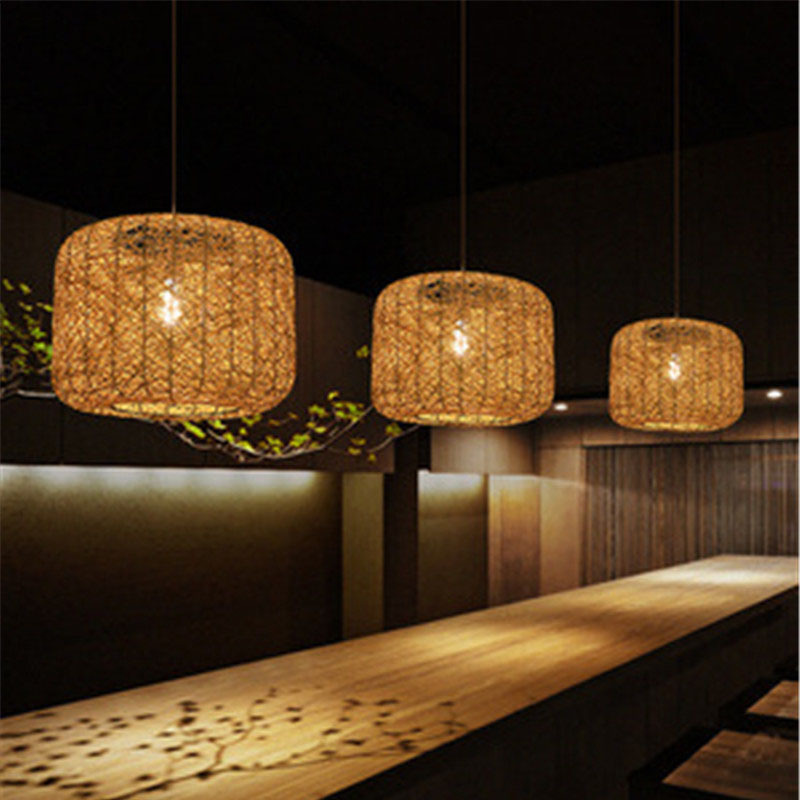 Araña de la sala de té chino cáñamo ratán lámpara creativa restaurante japonés olla caliente restaurante Zen araña