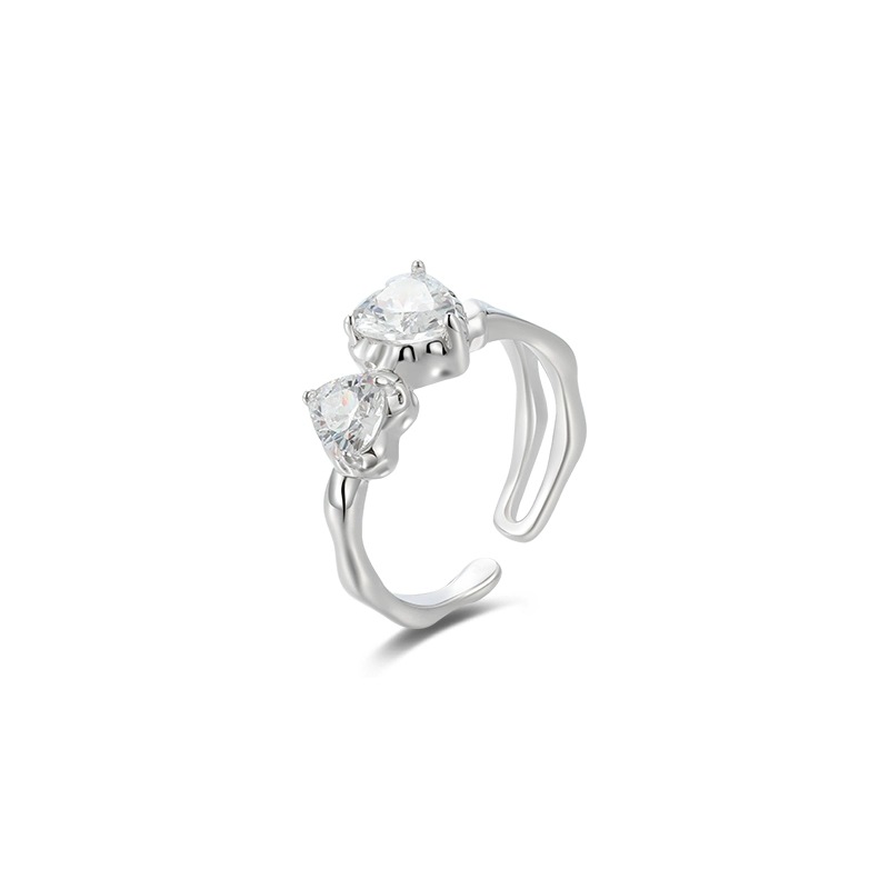 Xuping nuevo zircon simple y elegante anillo abierto de doble amor anillo de aleación de cobre chapado en blanco