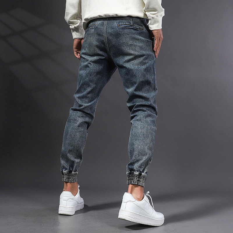 加绒束脚牛仔裤男潮牌百搭2025秋冬帅气休闲哈伦裤 复古水洗工装