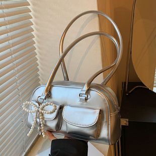 Korean Niche Splicing Shoulder Bag for Women 2025 New Bowling Bag Fashion Retro Versatile Boston Armpit Bag