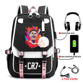 韩版足球明星C罗双肩包学生书包男女时尚背包旅行包USB电脑包
