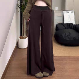 立体腰头高质量咖啡色抽绳休闲女秋冬宽松阔腿针织裤子直筒长裤潮